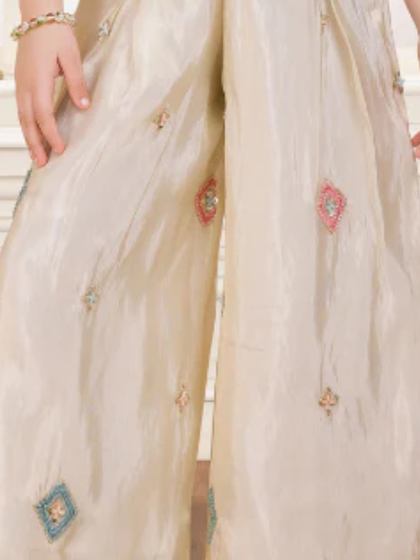 Girls' Festive Cream Sequin Embellished Crop Top & Wide-Leg Palazo Set