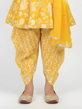Girls' Yellow Floral Print Angrakha Kurta & Dhoti Pants Set with Dupatta.