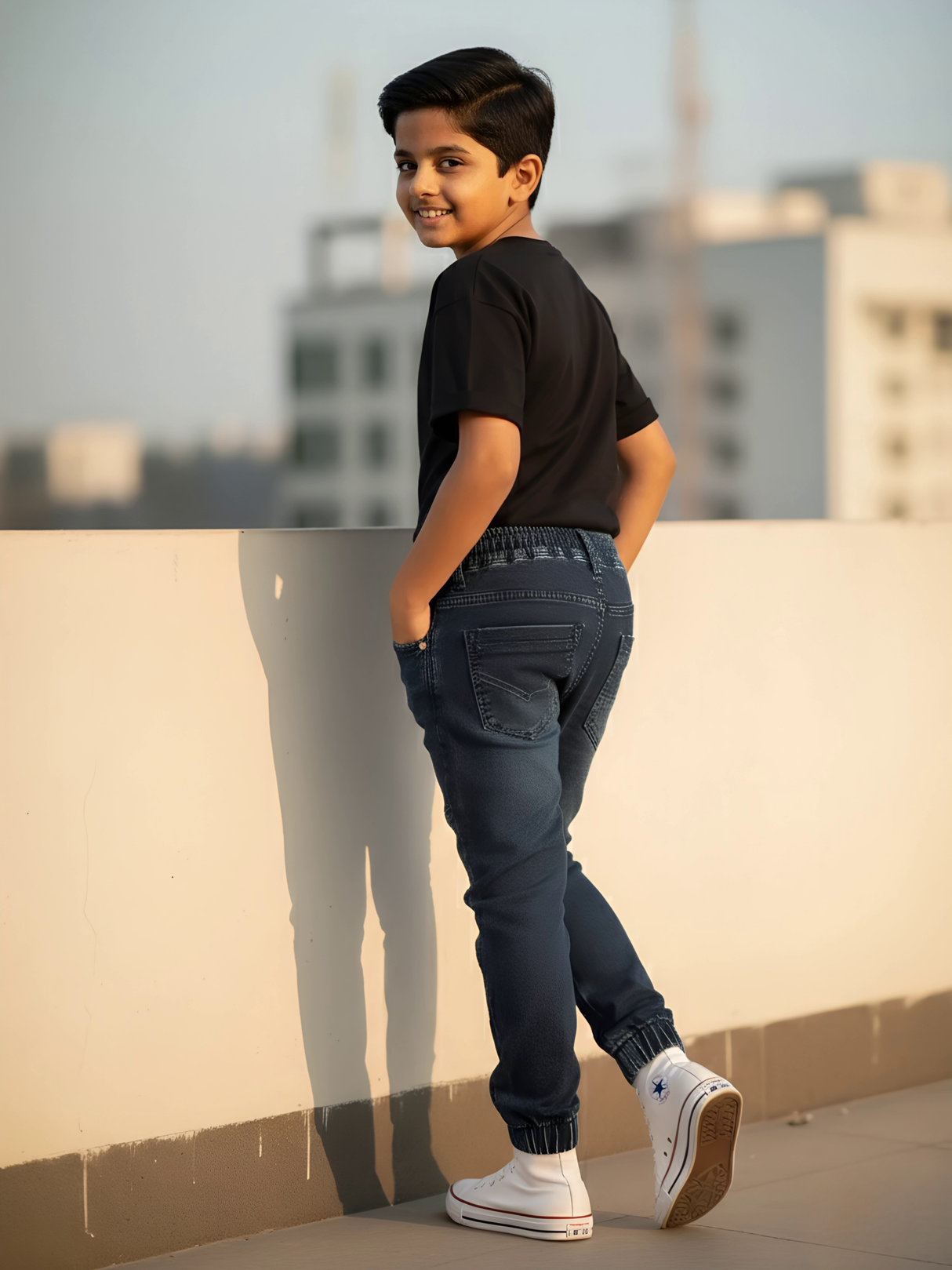 Boys' Navy Blue Panel Textured Jogger Jeans