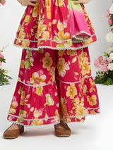 Girls' Coral Sleeveless Peplum Kurti and Printed Sharara Set with Ombre Dupatta