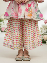 Girls Cream Printed Ethnic Suit with Embroidered Kurti & Sharara