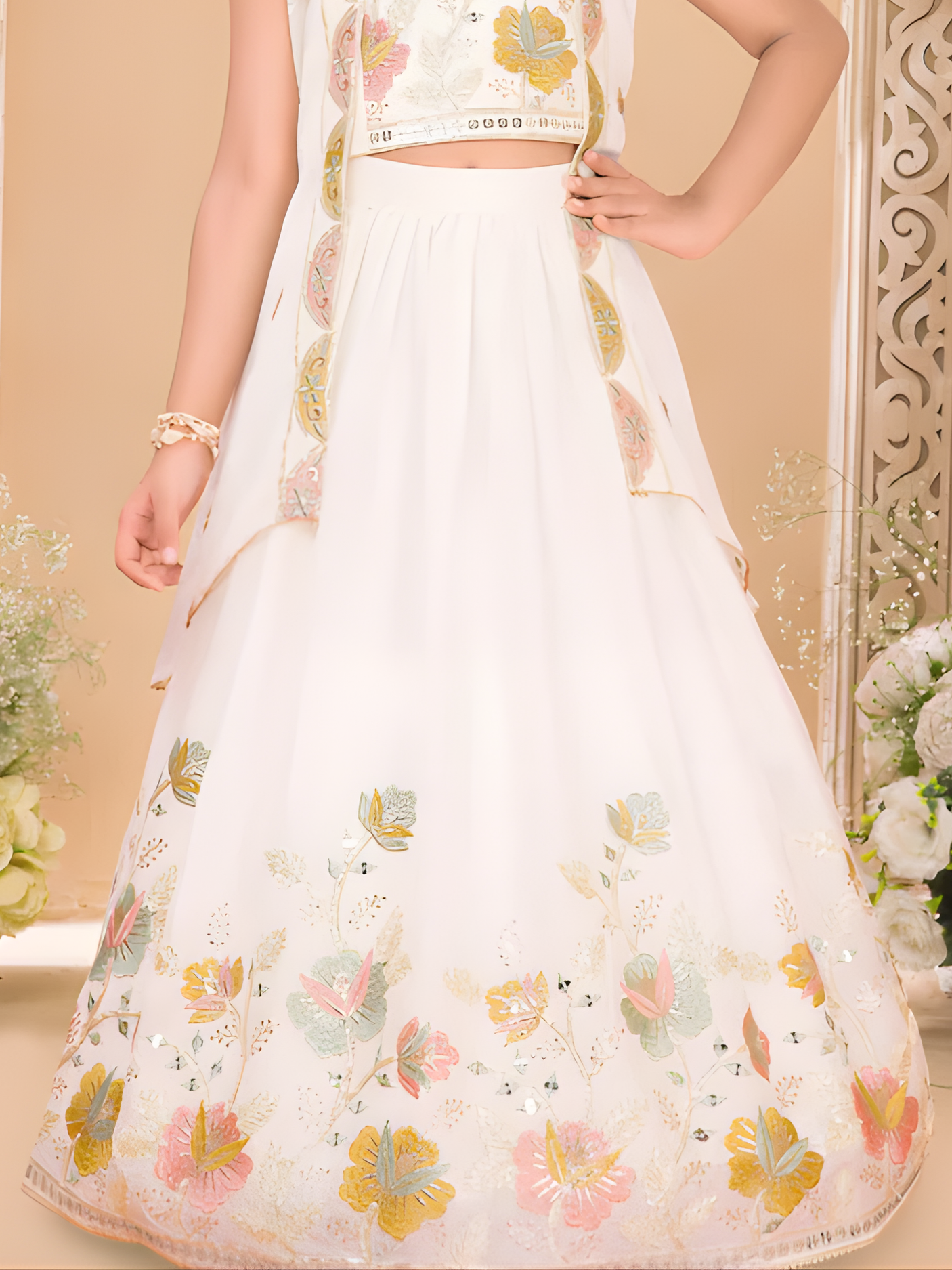 Girls' Festive Cream Sharara Set with Sequin Embroidered Choli Top