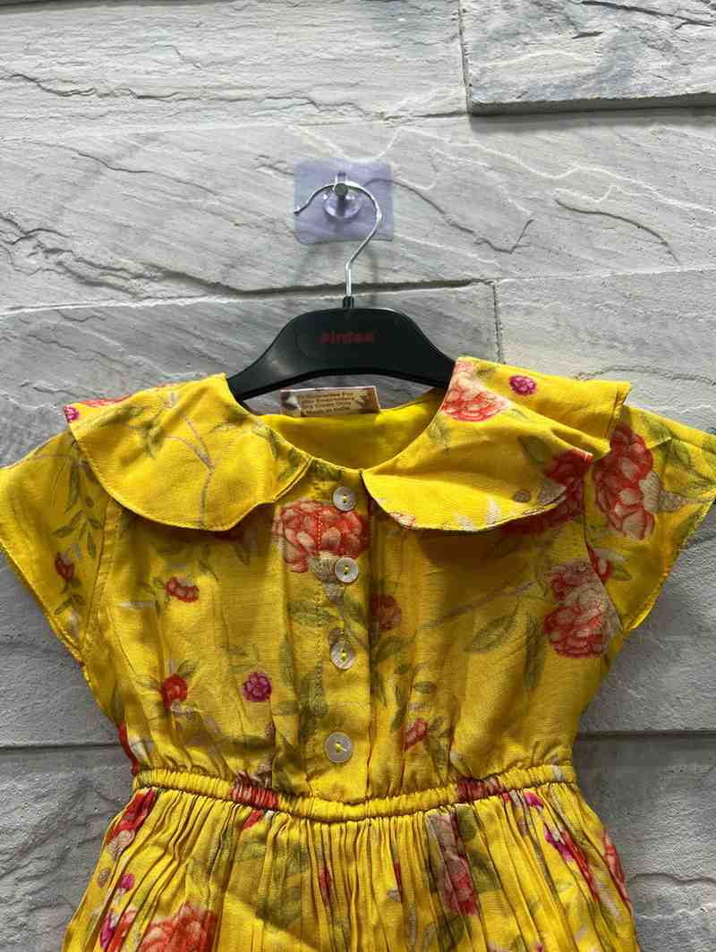 Girls' Yellow Floral Summer Dress with Ruffle Collar & Buttons