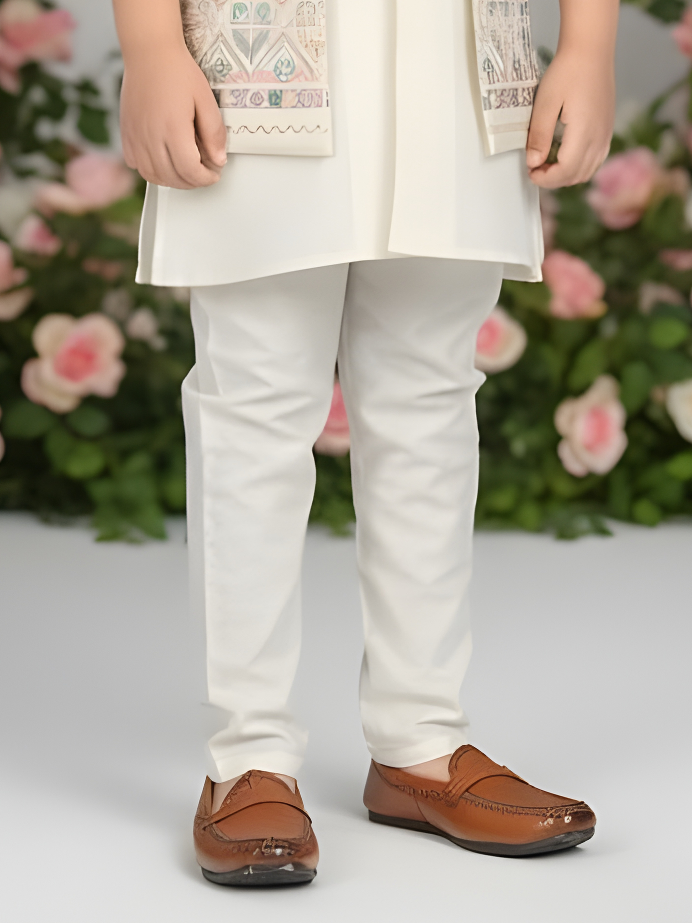 Boys' Classic Cream Solid Kurta and Pajama Set