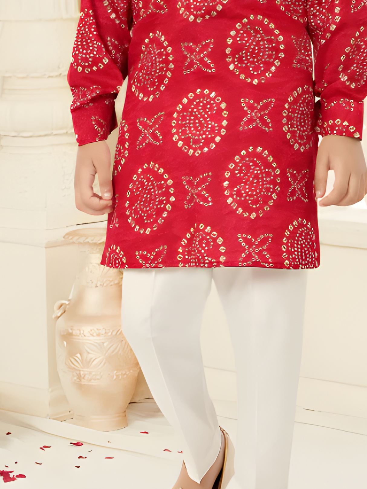 Boys' Festive Red Bandhani-Style Printed Kurta and White Pajama Set
