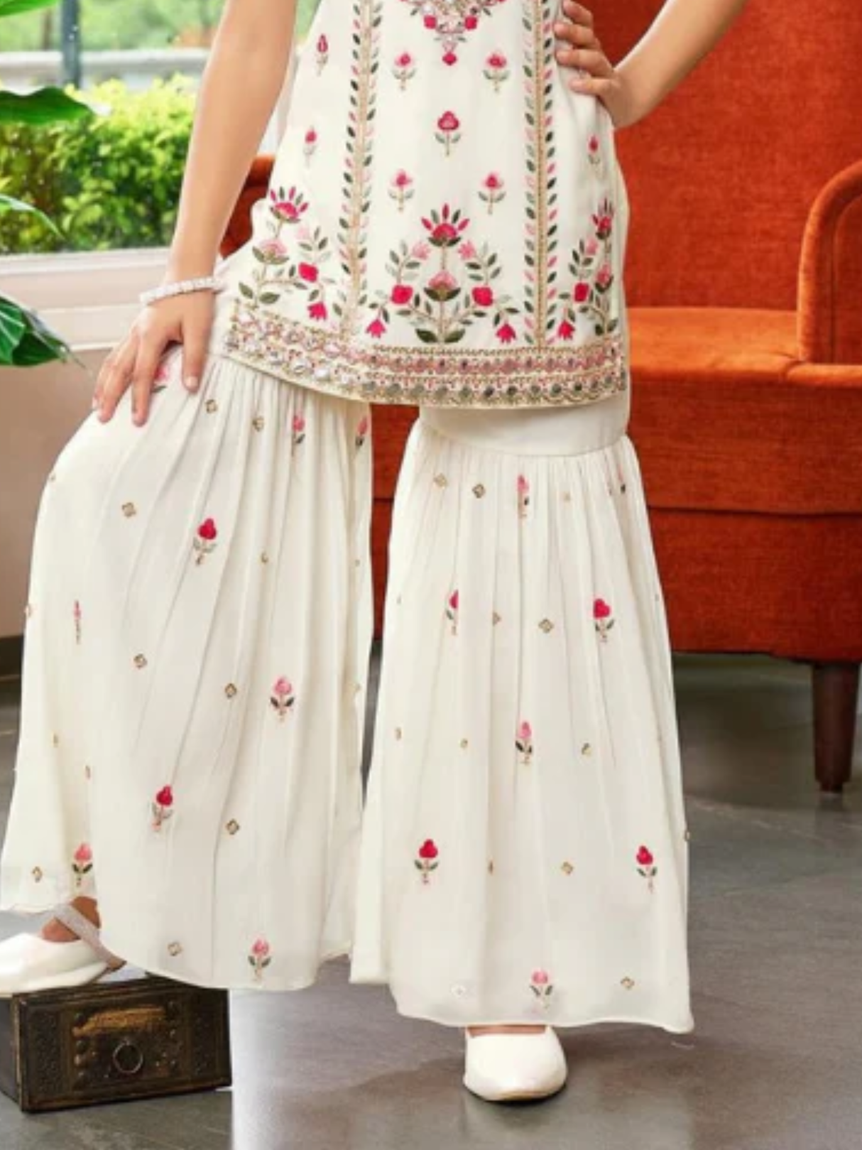 Girls Traditional Sleeves Less Ghagara Set - Cream