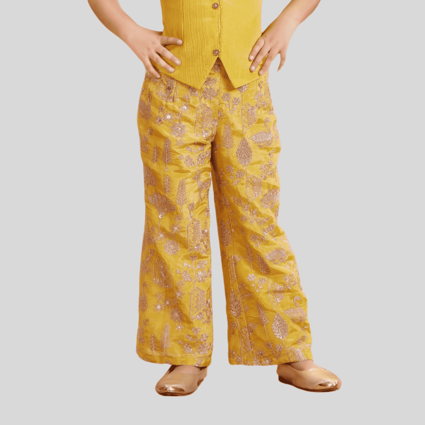 Girls Traditional Sleeves Less Plazo Set - Yellow