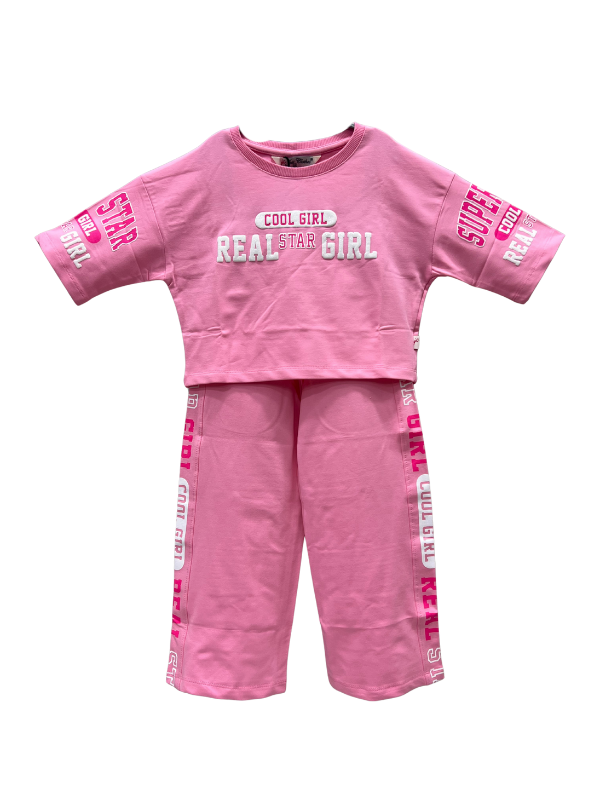 Girls Pink Graphic T-Shirt and Shorts Set - "Cool Girl" and "Real Star" Print