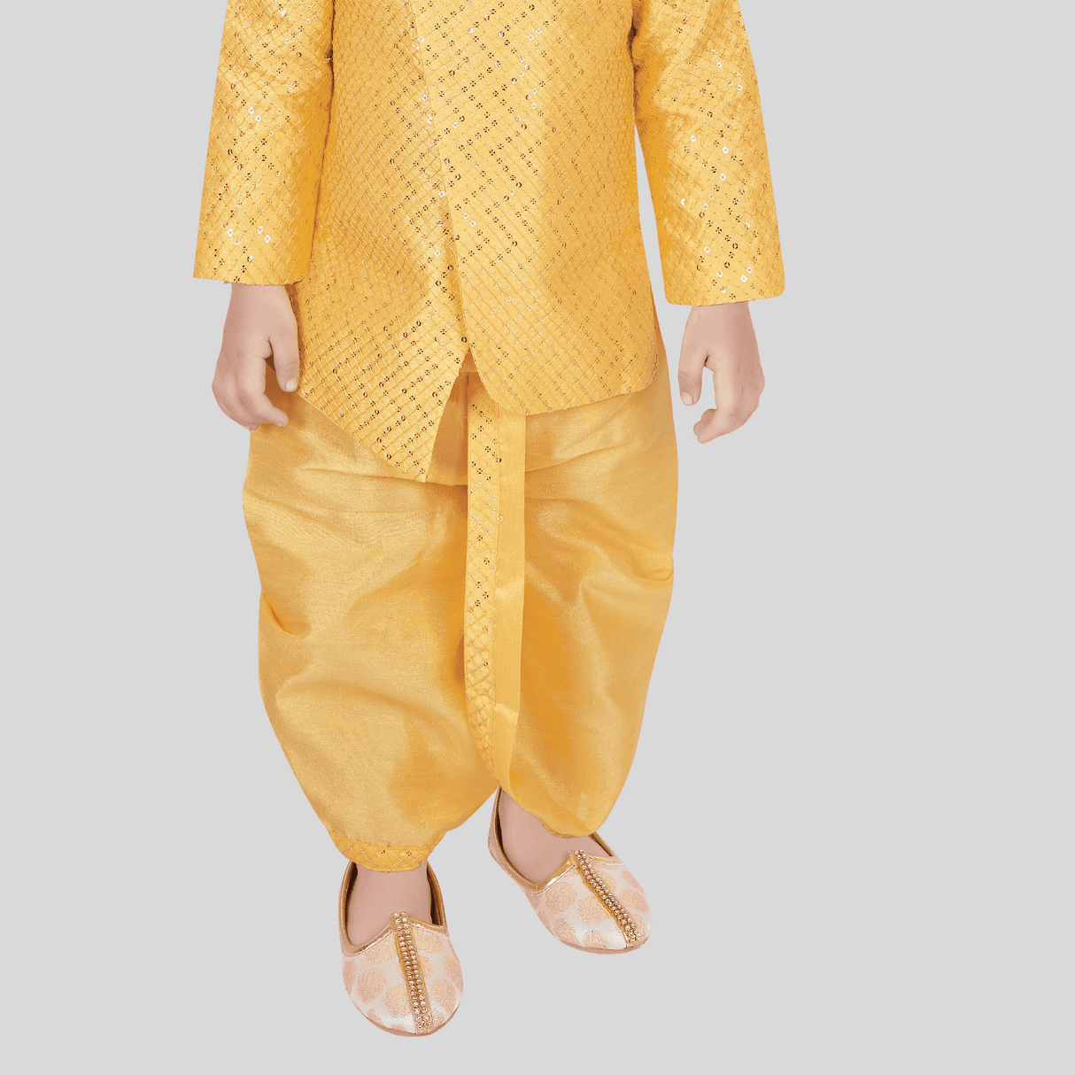 Boys Traditional With Work Kurta Set With Mojdi - Yellow