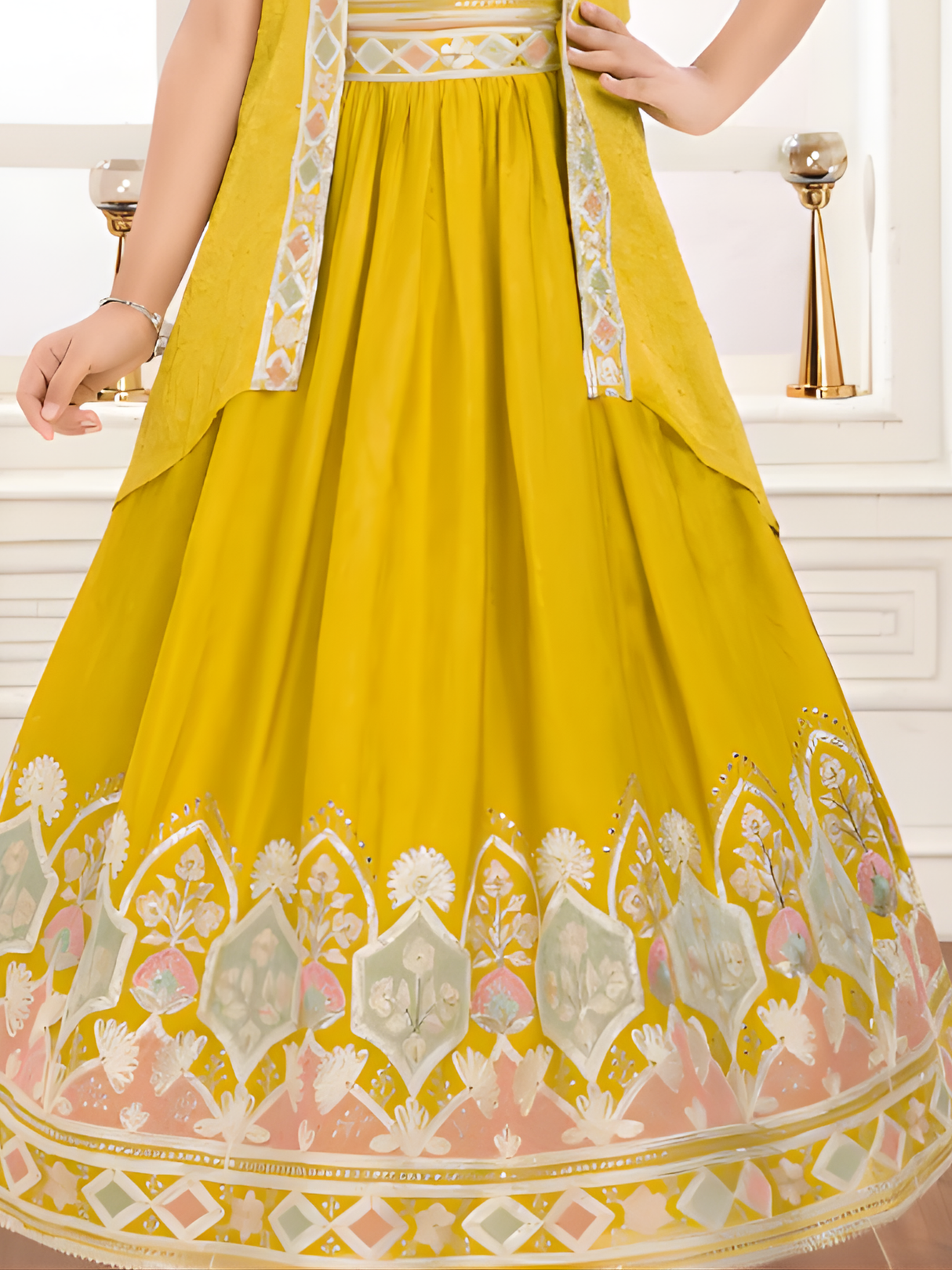 Girls' Embroidered Mustard Yellow Gown with Jacket Overlay