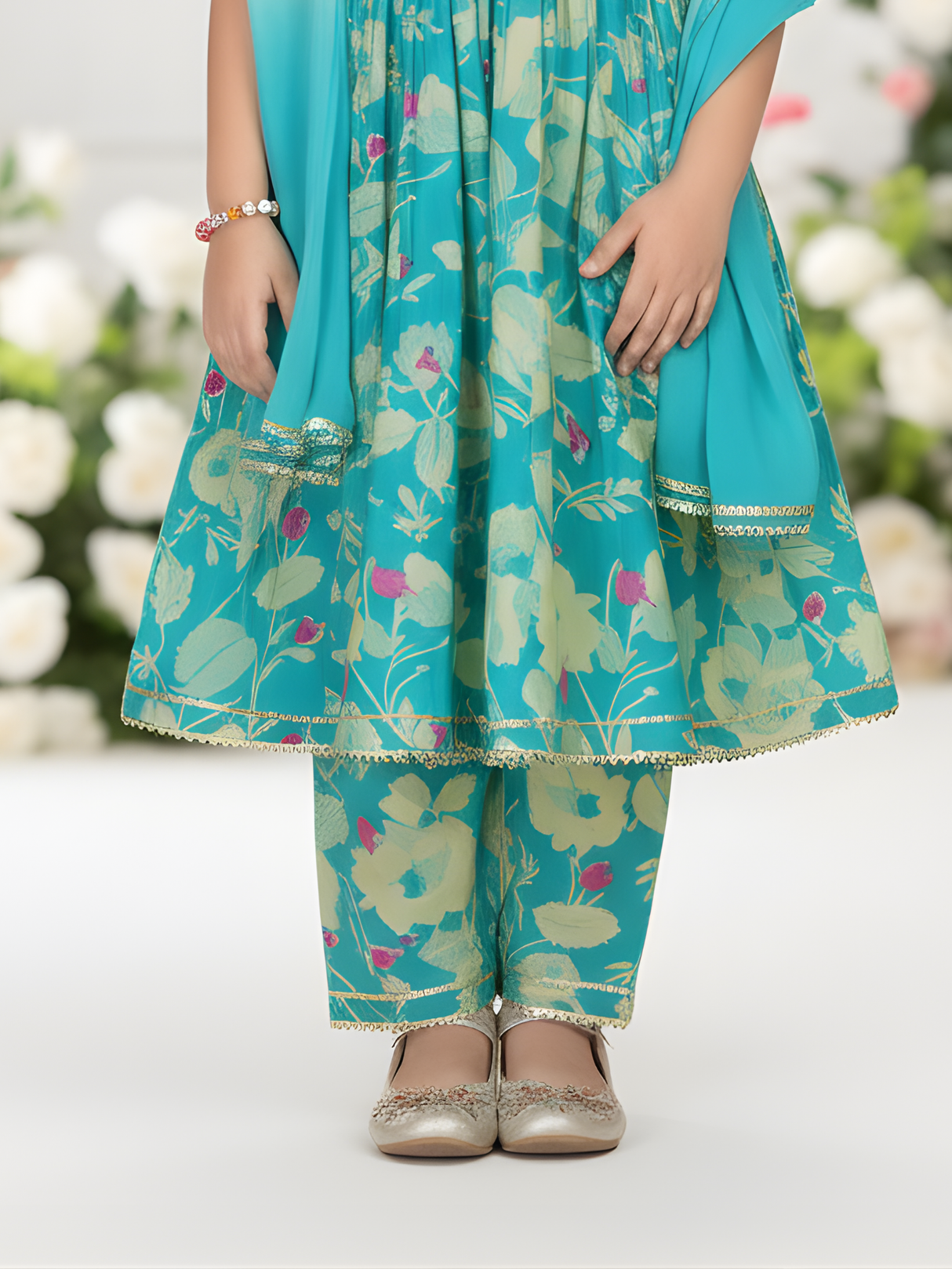 Girls' Aqua Floral Print Kurta Sharara Set | Embroidered Yoke Traditional Dress.