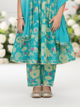 Girls' Aqua Floral Print Kurta Sharara Set | Embroidered Yoke Traditional Dress.