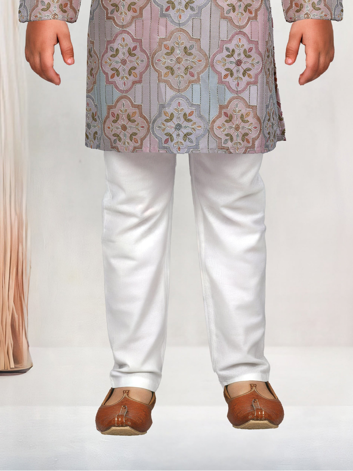 Cream Embroidered Kurta Set with Pastel Pattern for Boys