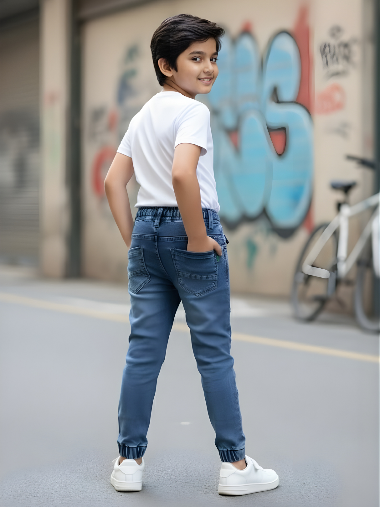 Boys' Slim-Fit Mid-Blue Denim Joggers with Elasticated Drawstring Waist