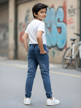 Boys' Slim-Fit Mid-Blue Denim Joggers with Elasticated Drawstring Waist