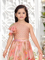 Girls' Pink Printed One-Shoulder Lehenga Choli Set with Dupatta
