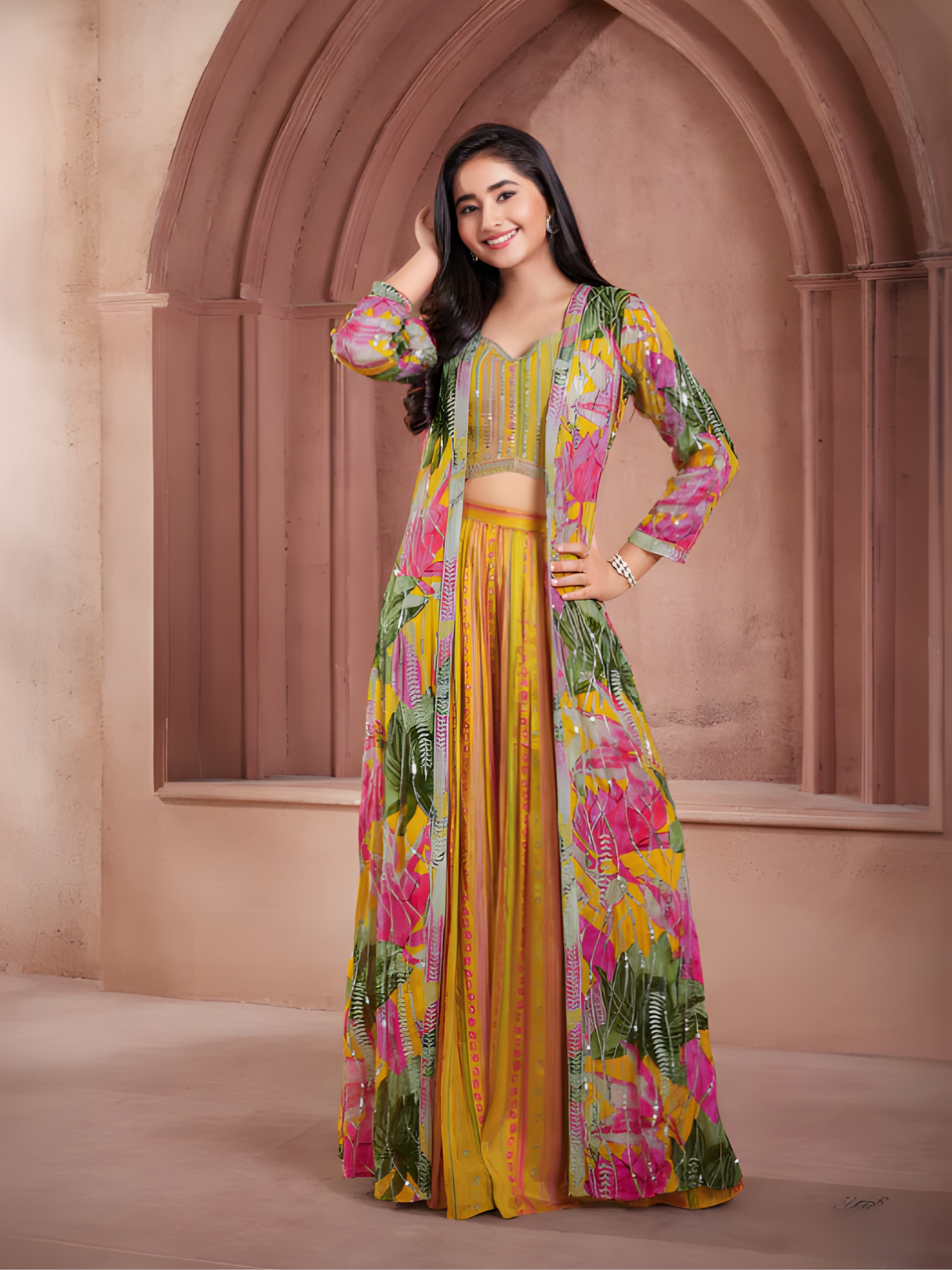Girls' Vibrant Yellow & Blue Floral Lehenga Choli