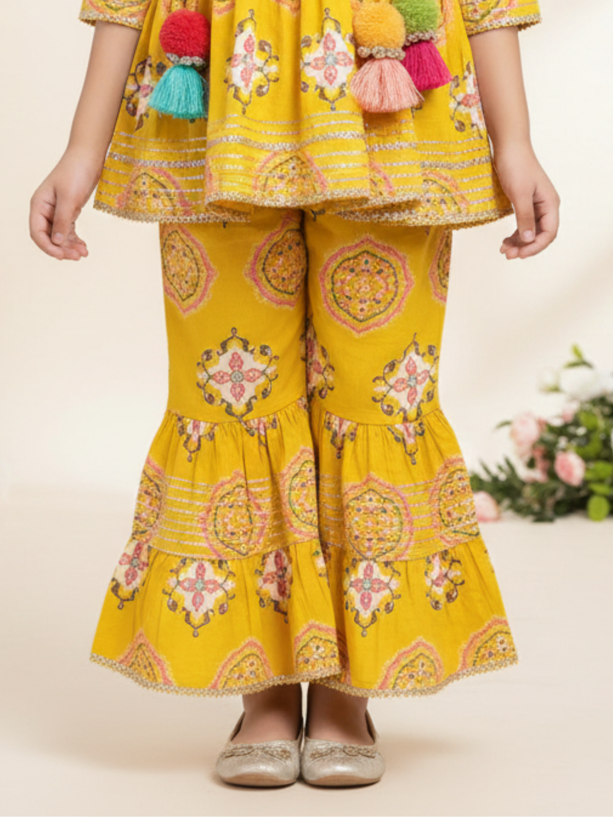 Girls' Yellow Geometric Print Angrakha Kurta & Sharara Set with Pompoms