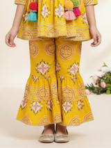 Girls' Yellow Geometric Print Angrakha Kurta & Sharara Set with Pompoms