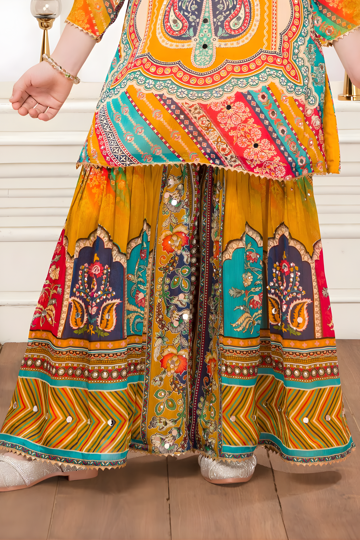 Girls' Vibrant Orange Multi-Color Printed Sharara Set