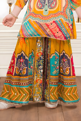 Girls' Vibrant Orange Multi-Color Printed Sharara Set