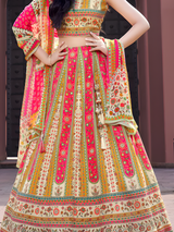 Women's Cream & Pink Rajasthani Print Silk Lehenga Choli Set