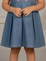 Girls' Stylish Blue Denim-Style Cotton Frock with Multi-Color Floral Embroidery
