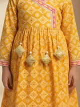 Girls Mustard Yellow Angrakha Style Kurta and Palazzo Set