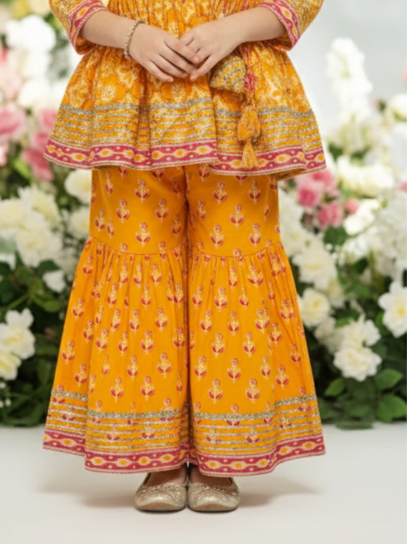 Girls' Vibrant Orange Floral Print Angrakha Kurti and Tiered Sharara Set