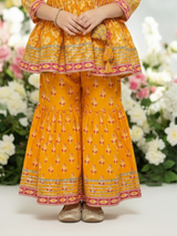 Girls' Vibrant Orange Floral Print Angrakha Kurti and Tiered Sharara Set