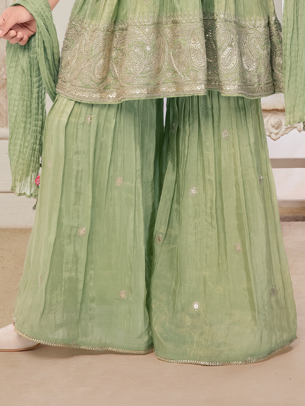 Girls Traditional Sleeves Less Sharara Set - Green