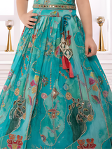 Girls' Vibrant Aqua Blue Floral Print Lehenga Choli Set with Mirror Work