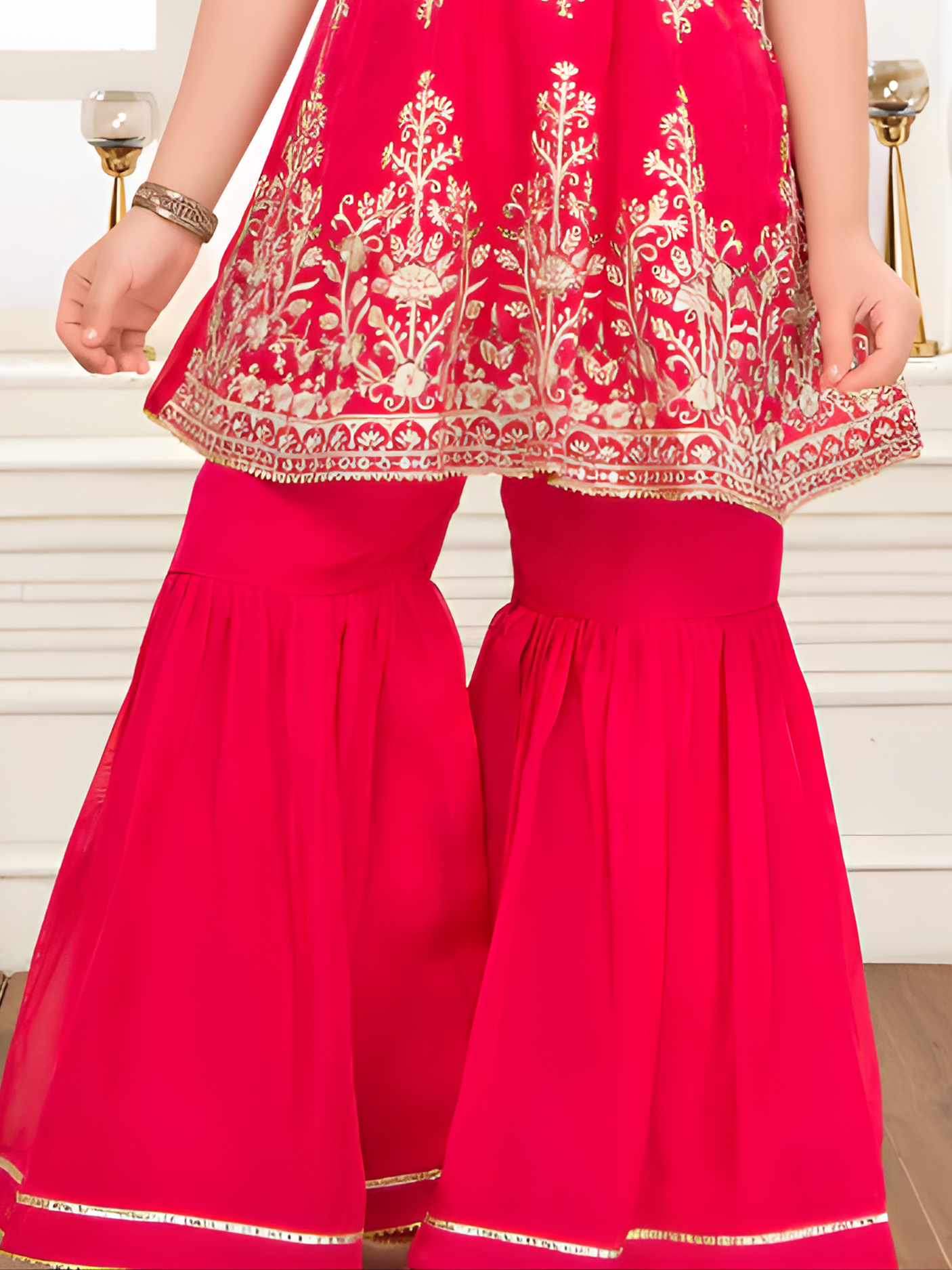 Girls' Rani Pink & Gold Embroidered Peplum Top Sharara Set.