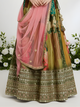 Girls' Olive Green Patchwork Print Embroidered Choli and Lehenga Set