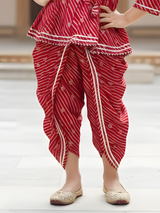 Girls Red Leheriya Angrakha Peplum & Dhoti Pant Set