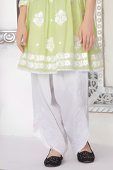 Girls' Festive Lime Green Lucknowi Style Embroidered Kurti & Dhoti Set