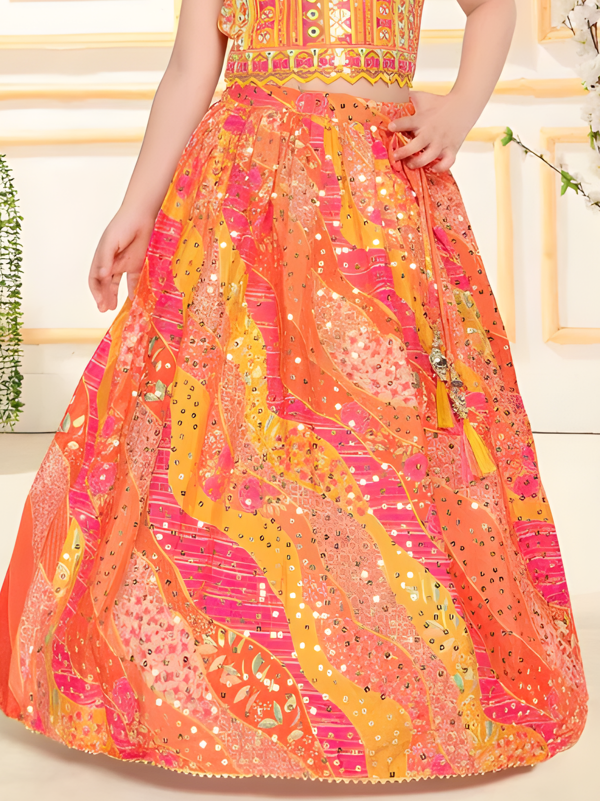 Girls' Elegant White Multi-Color Floral Lehenga Choli