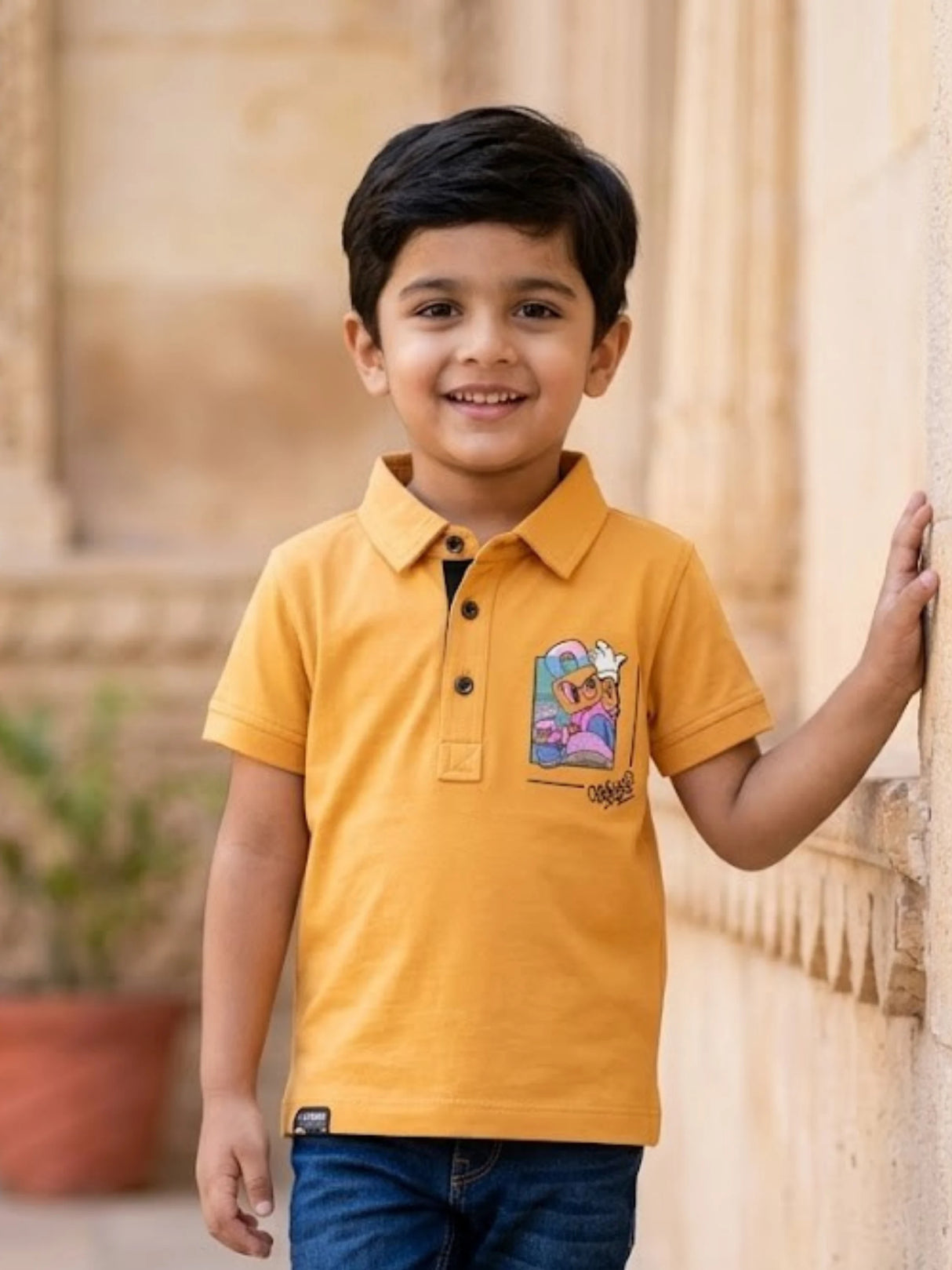 Boys Classic Orange Polo T-Shirt with Graphic Detail