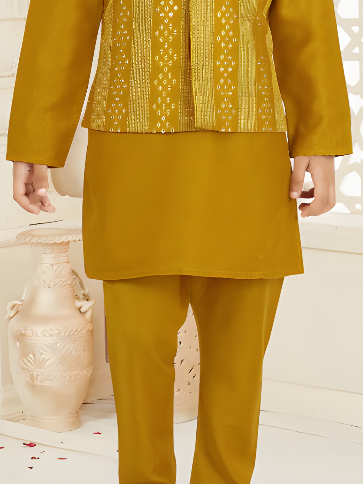 Boys' Mustard Yellow Kurta Set with Gold Patterned Waistcoat