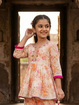Girls Pink Floral Print Peplum Kurta and Pant Set
