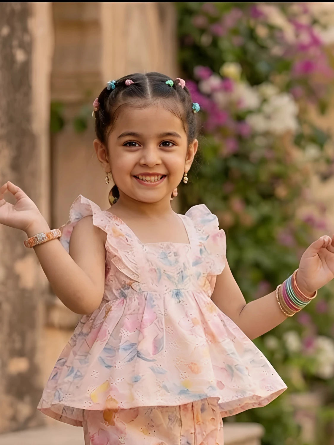 Girls Pink Floral Ruffle Coordinate Set