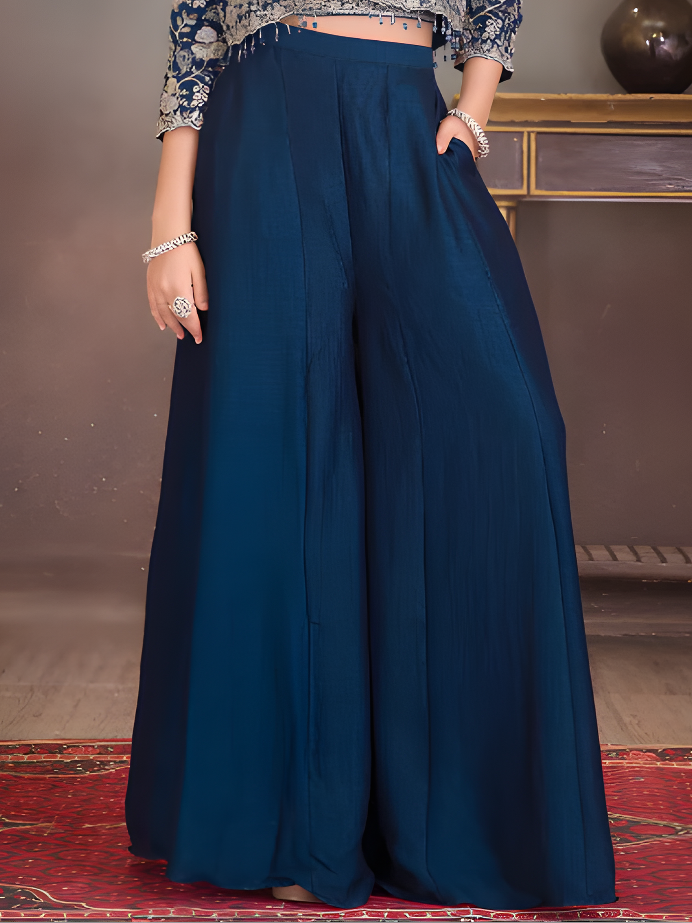 Girls' Light Blue Floral Peplum Kurta and Palazzo Two-Piece Set