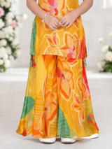 Girls' Bright Yellow Floral Print Camisole Top and Wide-Leg Palazzo Set.