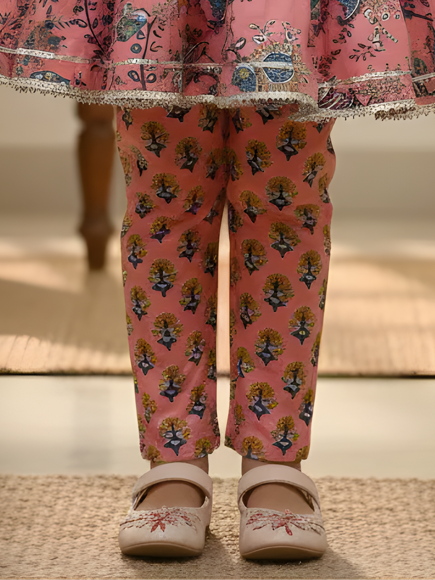 Girls' Deep Peach & Blue Floral Printed Peplum Kurti with Matching Trousers