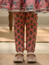 Girls' Deep Peach & Blue Floral Printed Peplum Kurti with Matching Trousers