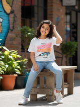 Girls' Casual White Graphic Print Crop Top with "Good Vibes Only" Typography