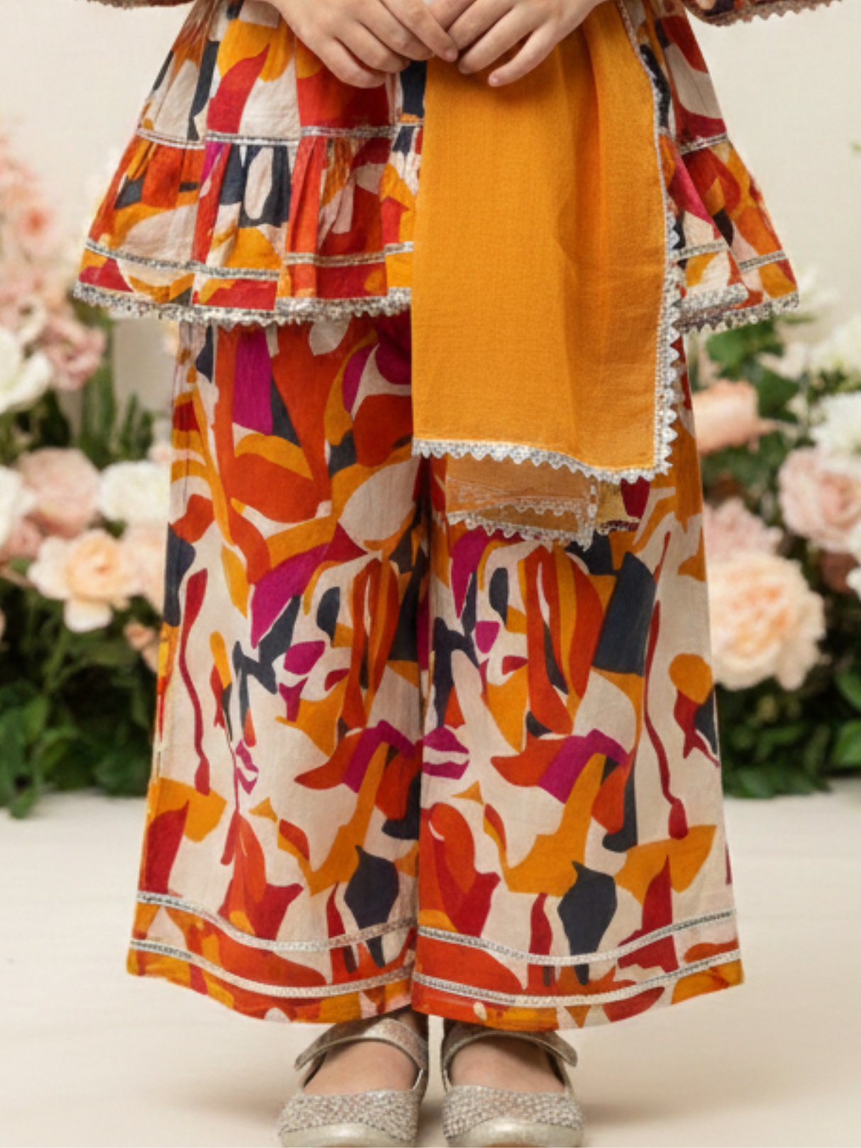 Girls Yellow Ethnic Printed Sharara Suit with Embroidered Kurti & Dupatta