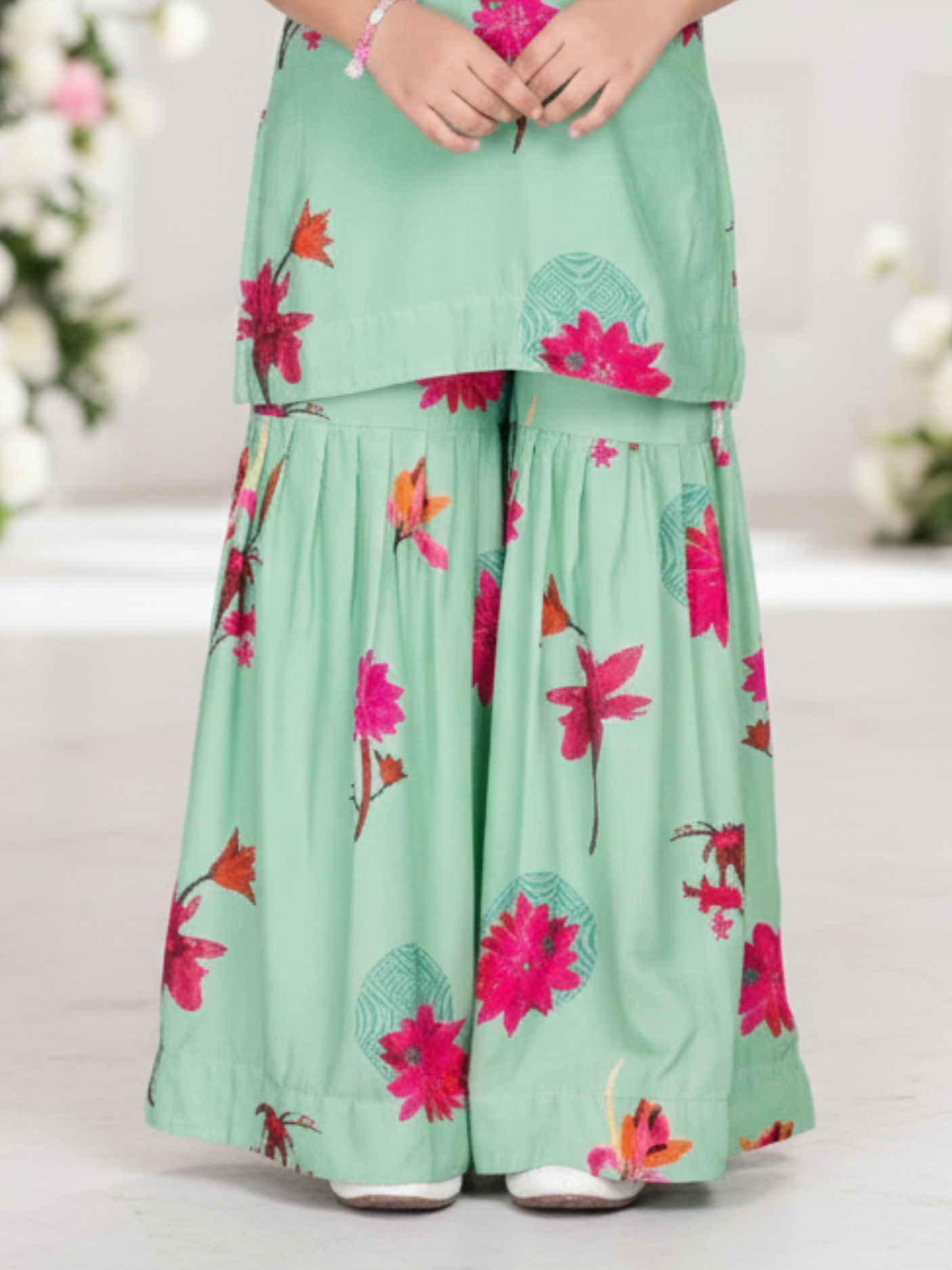 Girls' Stylish Aqua Floral Print Sleeveless Top and Sharara Pants Set.