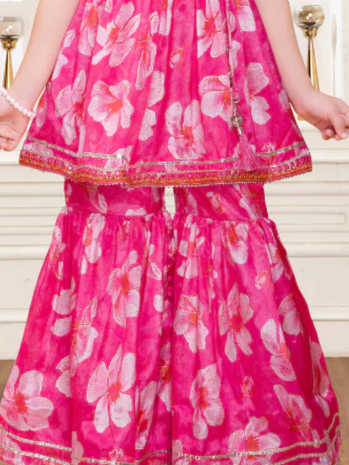 Girls' Festive Fuchsia Pink Kurta and Printed Sharara Set