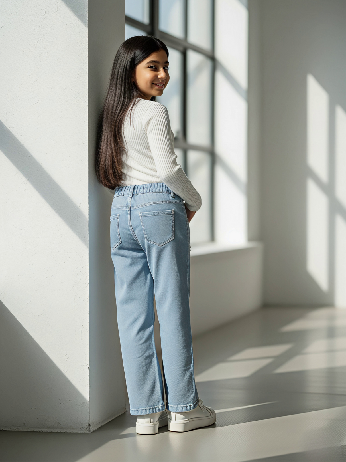 Girls' Light Blue Pearl Butterfly Wide-Leg Jeans.